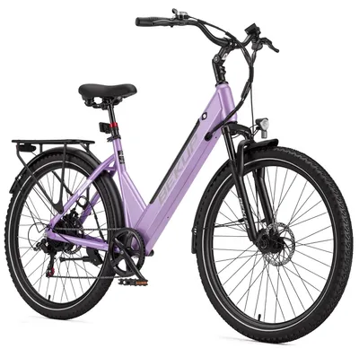 Productafbeelding van 71 cm elektrische stadsfiets V28 - 250W achterwielmotor en 36V accu met 14,5 Ah - 7 versnellingen - Verende voorvork en zadelpen - Schijfremmen voor en achter - Actieradius 75 km - Donkerpaars