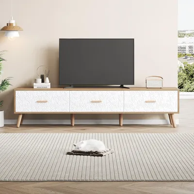 Image de MODFU Meuble TV Rétro Scandinave avec Portes - Meuble Vintage en Bois Texturé - Blanc et Bois Clair - 150x39x35 cm