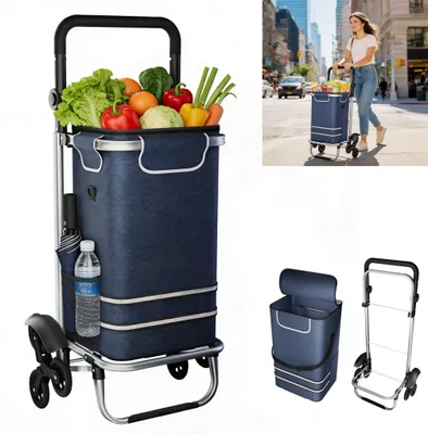 Obrázok produktu pre XINZI Skladací nákupný vozík 56 l – stabilný nákupný vozík 3 v 1, prepravný vozík, ručný vozík a taška cez rameno na nákupy, kempovanie a do záhrady (modrý)