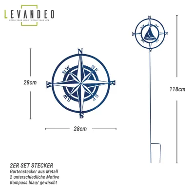 Two garden stakes with compass designs, one large and one small, with dimensions indicated.
