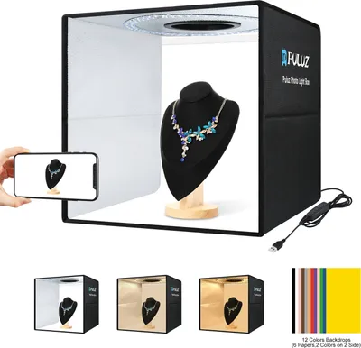 Produktbild von PULUZ PU5041B 40 * 40 * 40 cm faltbares LED-Lichtzelt fuer den Schreibtisch, Fotostudio-Lichtbox, Softbox, 3200 K-6500 K, dimmbar, 144 Perlen, 3 Lichtmodi, 10 Helligkeitsstufen, USB-betrieben, mit 6 farbigen Hintergruenden fuer die Fotografie kleiner Produkte