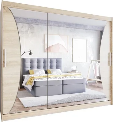 Produktbild von Easy4You LIV 250 cm Sonoma Schiebetüren Kleiderschrank 250x215x58 cm mit Spiegel - Schlafzimmermöbel, Aufbewahrung - Mehrzweckschrank
