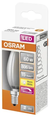 Immagine prodotto di OSRAM Lampada LED a filamento dimmerabile con base E14, bianco caldo (2700K), a forma di candela, 6,5W, in sostituzione di una lampadina a incandescenza da 60W, opaca, LED Retrofit CLASSIC B DIM