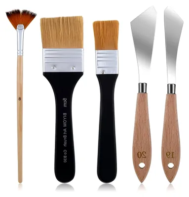 Produktbild von 5-teiliges Malmesser-Set, Hintergrundmixer, Flachpinsel und Fächerpinsel, Künstler-Palettenmesser aus Edelstahl, 5 cm und 2,5 cm Landschaftspinsel für Leinwand Acryl Ölgemälde