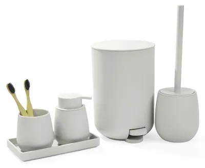 Produktbild von Badezimmer-Set Seifenspender Zahnputzbecher Mülleimer - 5-teilig - Beige - Mit Toilettenbürste und Ablage