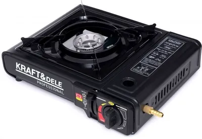 A black portable gas stove is shown on a white background.