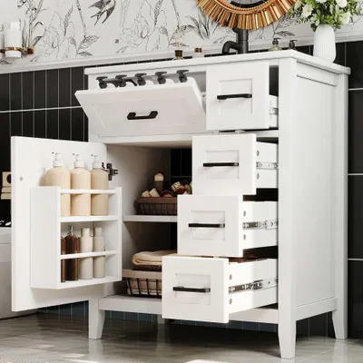Zdjęcie produktu dla Biała szafka łazienkowa z miękkim domykaniem i regulowanymi półkami, odporna na wilgoć, w zestawie umywalka i szuflada – wymiary: 76x46x90 cm