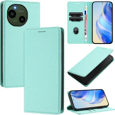 Produktbild von Litchi Leder Handyhülle für Sharp Aquos R9 /SH-51E Wallet Kartenfächer Standfunktion Hülle Türkis