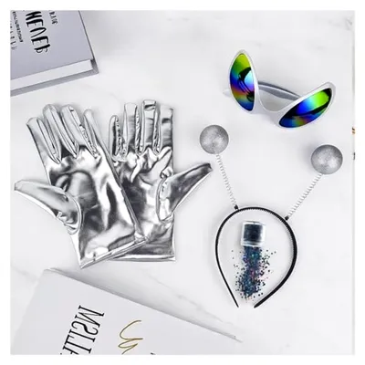 Produktbild von 4-teiliges Alien Kostüm Set, Zubehör für Aliens Kostüme, Faschingskostüme für Damen, Alien Haarreif und Alien Brille, geeignet für außerirdische Themenveranstaltungen und Karnevalsfeiern