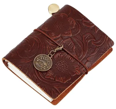 Productafbeelding van Leren dagboek, notitieboekje, klein, bloemenmotief, vintage, blanco, navulbaar, 128 pagina's, draagbaar, met koffieprint
