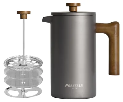 Produktbild von Poliviar French Press Kaffeebereiter 1 Liter/8 Tassen, Doppelwandige Isolierte Kaffeekanne und Teebereiter, Handfilter Kaffeepresse mit Plunger & Griff aus Holz, Cliff (Grau) JX2020-FPY-DE