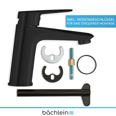Immagine prodotto di Rubinetto da bagno Bächlein dal look classico, miscelatore monocomando con cartuccia in Vetroceramica di lunga durata, 2 tubi di collegamento e chiave di montaggio, miscelatore da bagno nero opaco