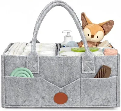 Productafbeelding van Opbergmand van vilt met handvat, met verwijderbare compartimenten, geschikt voor een verschoningstafel of babykamer, voor luiers, doekjes en accessoires, grijs