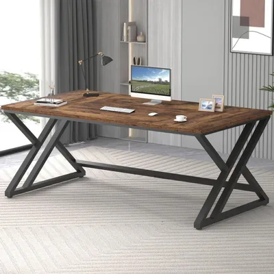 Productafbeelding van Bureau, computerbureau, hout, metaal, 180 cm, vintagebruin-zwart, zwart eikenhout