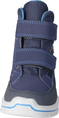 A close-up, front-facing view of a blue children's boot.