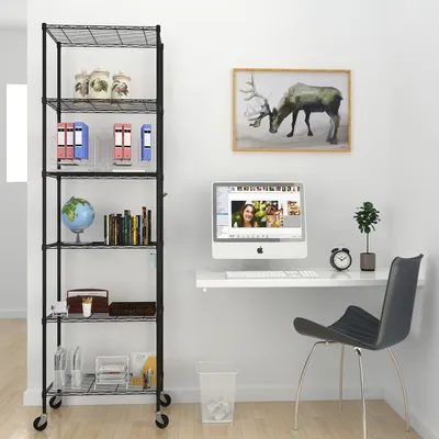 Produktbild von 6 Etagen Höhenverstellbares Metallregal mit Rädern und Haken, 54x29x175cm, Schwarz