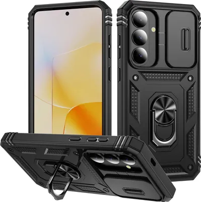 Immagine prodotto di Custodia per Samsung Galaxy S26 con protezione scorrevole per fotocamera, robusta e resistente agli urti, con anello, supporto e porta carte Nero