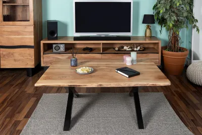 Produktbild von Couchtisch Baumkante 120 x 80 cm Akazie naturfarben X-Gestell schwarz Quintus