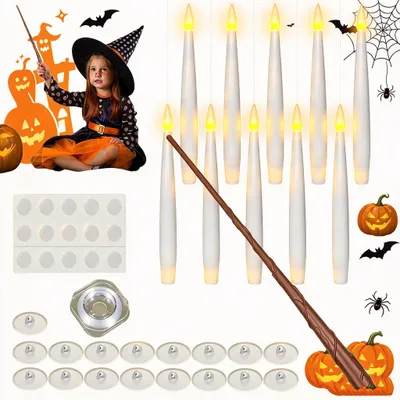 Produktbild von Juksun 10 Stück Flackernde LED Kerze, Halloween LED-Kerzen, Schwimmende Kerzen, Christbaumkerzen , mit Zauberstab Fernbedienung für Halloween