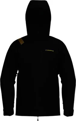 Schwarze La Sportiva Alpine Guide GTX Performance Jacke mit Kapuze und gelben Logos auf Brust und Schulter