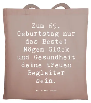 Produktbild von Mr. & Mrs. Panda Shopping Tasche Spruch 69. Geburtstag Glück - Braun Pastell - Geschenk, Wertschätzung, Geburtstagsgeschenk, Laptoptasche, Jutebeutel, Alter, Einkaufstüte