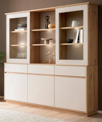 Produktbild von Buffet "Kiruma" in Kaschmir und Artisan Eiche Vitrinenschrank 202 x 199 cm, Soft-Close