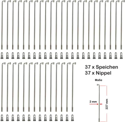 Produktbild von 37 Stück Speichen 227mm Spokes silber NIROSTA 2mm inkl. Messing Speichennippel