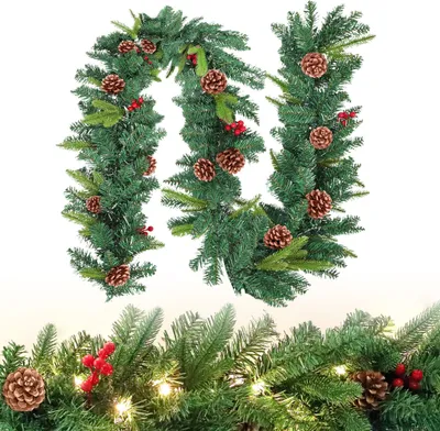 Produktbild von XINZI Tannengirlande Weihnachtsdeko Girlande 500cm Weihnachtsgirlande mit Tannenzapfen,Kiefernzapfen und Weihnachten Beleuchtung,Grün PVC