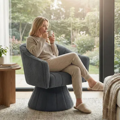 Produktbild von LVHOM 360° Drehsessel Cordbezug, Ergonomischer Relaxsessel für Wohnzimmer & Büro, Gepolsterter Polstersessel mit Armlehne, Drehstuhl bis 150kg, Grau