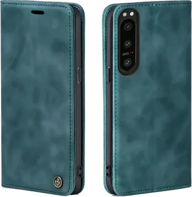 A teal flip case for a smartphone, shown from two angles.