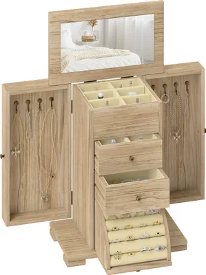 Produktbild von HOMCOM Schmuckkästchen Holz Schmuckschatulle mit 4 Ebenen, Spiegel für Ringe