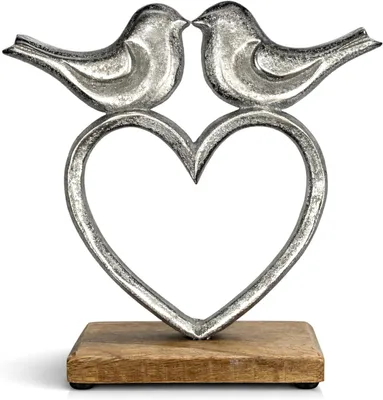 Productafbeelding van Decoratief Beeld Hart met Vogels - Metalen Sierobject op Mangohout - Antislip Voet - Modern