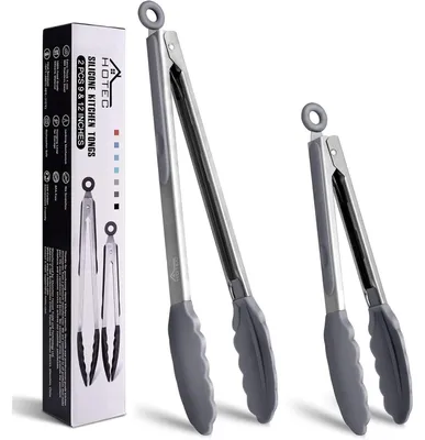 Immagine prodotto di Pinze da cucina in acciaio inossidabile con punta in silicone, con sistema di bloccaggio, set da 2 pezzi, 22,9 cm e 30,5 cm, colore grigio chiaro