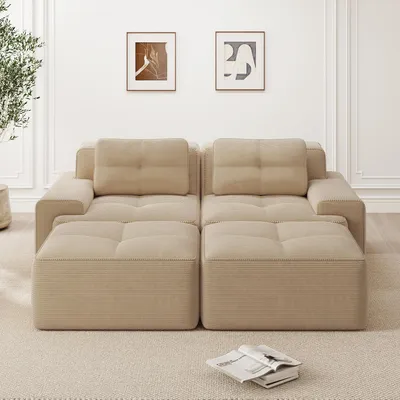 Produktbild von MODFU Zweisitzer Modulares Sofa Cord mit Schlaffunktion,Big Sofa mit Geschwungene Rückenlehne und 2 Ottoman,Schlafsofa,Beige