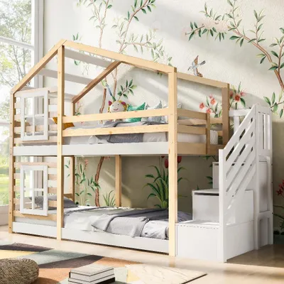 Zdjęcie produktu dla Łóżko dziecięce w kształcie domku na drzewie, 90x200 cm, dwupoziomowe łóżko dla dzieci z oknami, w naturalnym, białym kolorze, wykonane z litego drewna sosnowego i MDF, z szufladami i schodami z miejscem do przechowywania