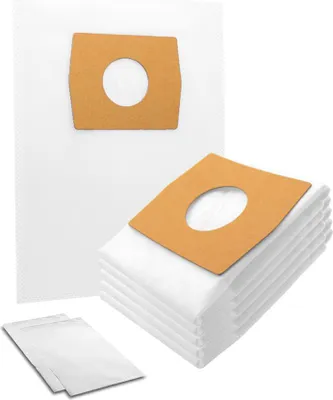 A stack of white vacuum cleaner bags with brown cardboard collars and a single vacuum cleaner bag in the background.