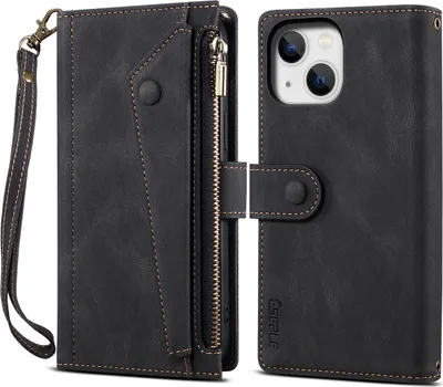 Produktbild von Schutzhülle für iPhone 15 Plus Reißverschluss Hülle, Leder Klapphülle Kartenfach Standfunktion Brieftasche mit Trageband Schwarz