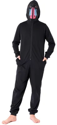 Produktbild von Ladeheid Jungen Teenager Schlafoverall aus Baumwolle Tierkostüm Jumpsuit bunt Tiermotiv Verkleidung Schlafanzug Einteiler mit Kapuze LA40-240 (Schwarz Pavian, 164)