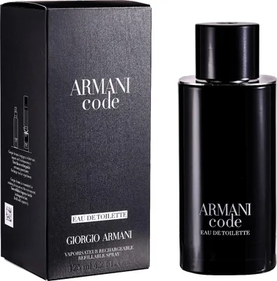 A black bottle of Giorgio Armani Code Eau de Toilette and its matching black box are displayed against a white background.