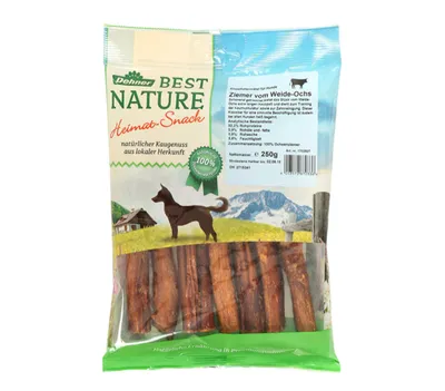 Produktbild von Dehner Best Nature Hundesnack, hochwertiges Leckerli getreidefrei / zuckerfrei, Kausnack für Hunde, Ochsenziemer, 250 g