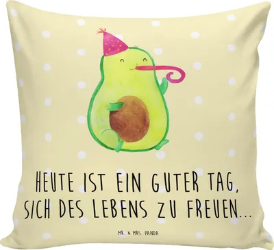 Produktbild von Mr. & Mrs. Panda Dekokissen Avocado Feier - Gelb Pastell - Geschenk, Deko Kissen, Sofa, kuschelkissen 40x40, Sofakissen, Gute Laune, Fete, Tröte, Geburtstag, Party