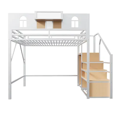 Produktbild von okwish Hochbett 140x200 Jugendbett ohne Matratze mit einzigartige Erhöhte Umzäunung,Kindebett mit Stauraumleiter und Fenster,Bettgestell mit Ablagefläche Am Bett,Weiß