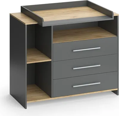 Produktbild von Wickelkommode Vicco Oskar Anthrazit/Goldkraft Eiche 113 x 93 cm mit 3 Schubladen, Model 55592