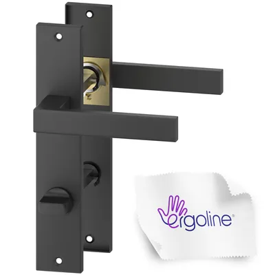 A black door handle set with a gold lock cylinder, shown against a white background. A small white cloth with a purple logo is in the lower right corner.