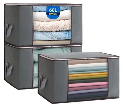 Produktbild von 3 x 60-Liter-Aufbewahrungsbeutel, großer Stauraum für Kleidung, Aufbewahrungsboxen mit Deckel, faltbare Kleiderboxen für Kleidung und Bettdecken