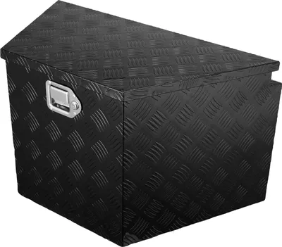 A black aluminum alloy trailer tongue box with a diamond plate texture is shown against a white background.