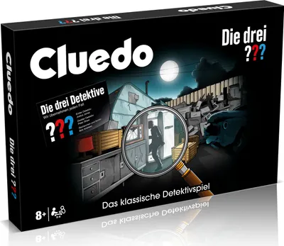 The image shows the box of the board game Cluedo, featuring artwork related to 'Die drei ???'.