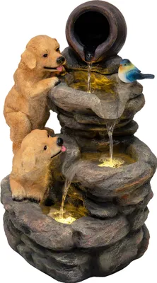 Immagine prodotto di Fontana da esterno a cascata – Fontana da giardino elettrica color grigio – Luci LED bianco caldo – Pompa alimentata a rete – Decorazioni per giardino e casa – Canine Creek – Spazzola per la pulizia