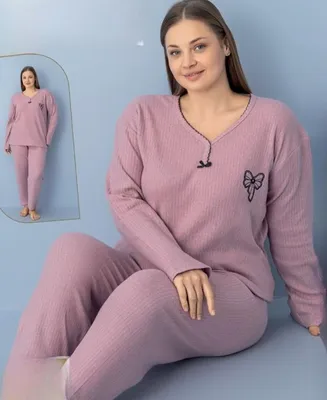 Produktbild von Damen Große Größen Pyjama Schlafanzug Rosa 4XL Baumwolle 2-Teiler Set Warm Winter S-84