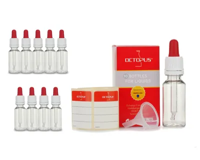 Produktbild von 10 Plastikflaschen 20 ml aus PET, G18, Glaspipette, Gummikappe rot, Pipettenverschluss weiss + 1 Minitrichter